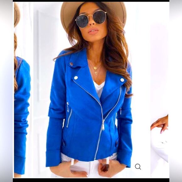 Suedette Royal Blue Biker Jacket - Picture 2 of 3
